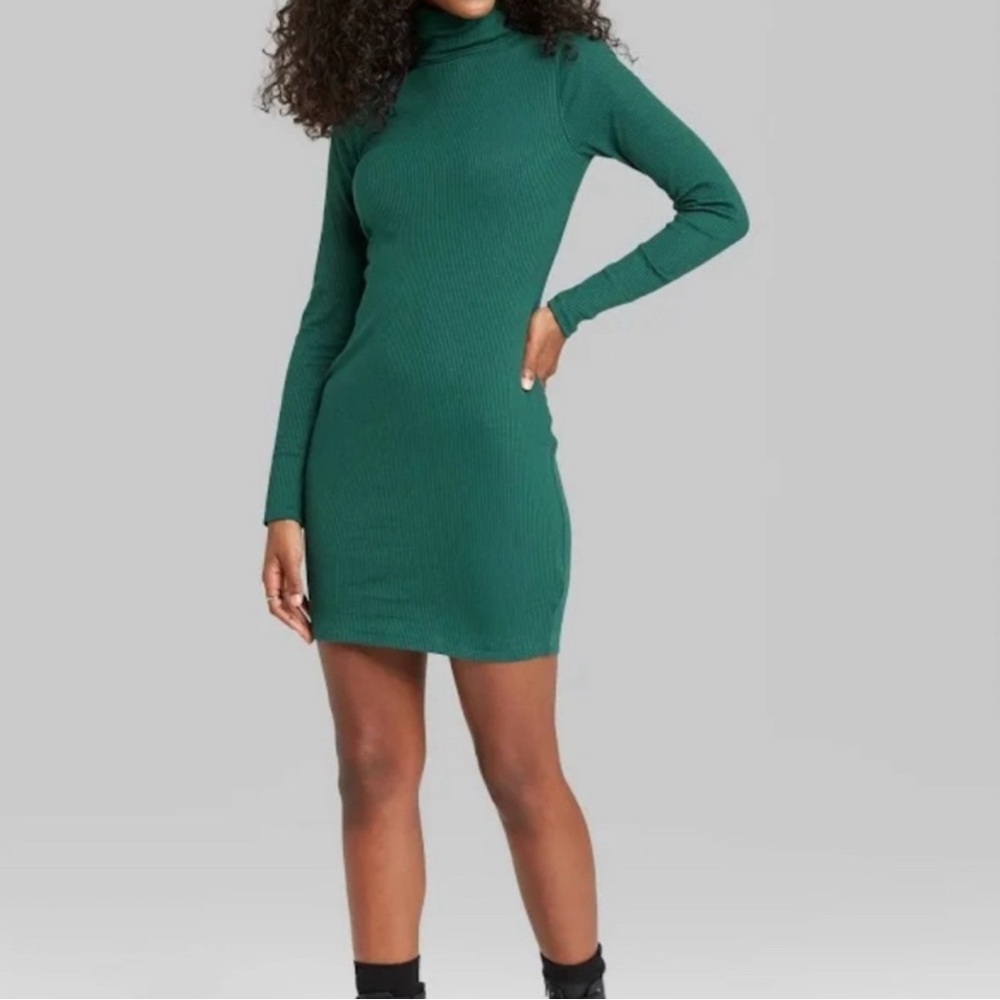 Wild Fable Dark Green Ribbed Turtleneck Dress, Women’s Large